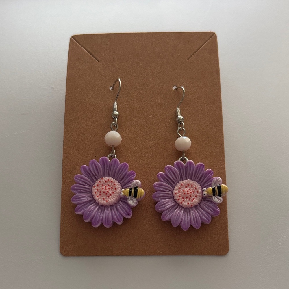 Fashion Jewelry Purple Flower Bee Dangle Earrings